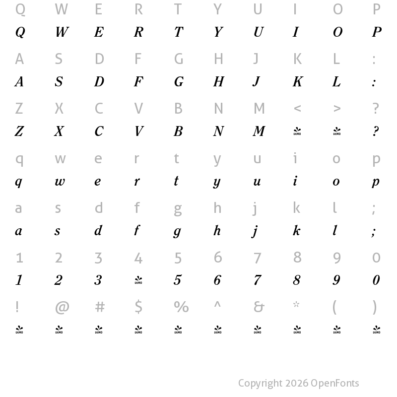 Character Map of FONTSPRING DEMO - Clearface FS Medium Italic
