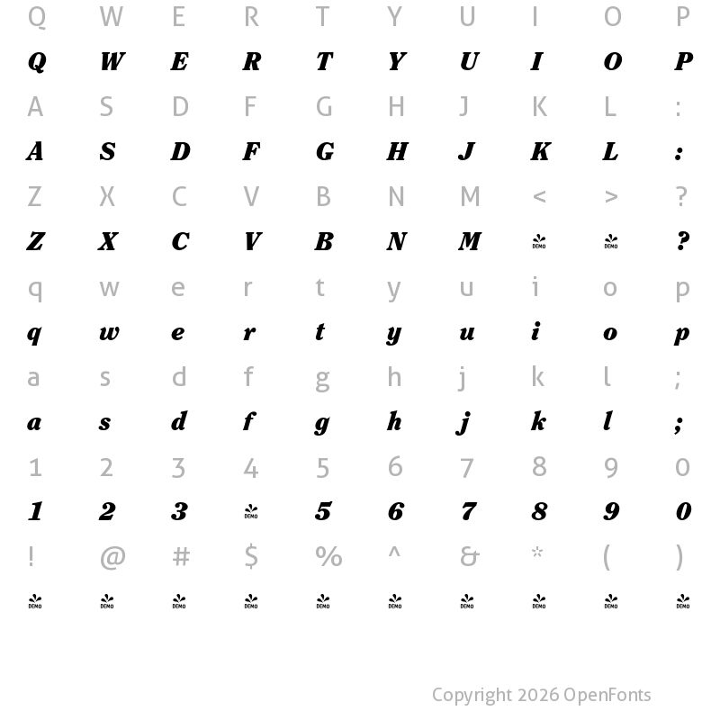 Character Map of FONTSPRING DEMO - Clearface Pro Black Italic