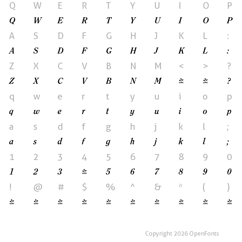 Character Map of FONTSPRING DEMO - Clearface Pro Bold Italic