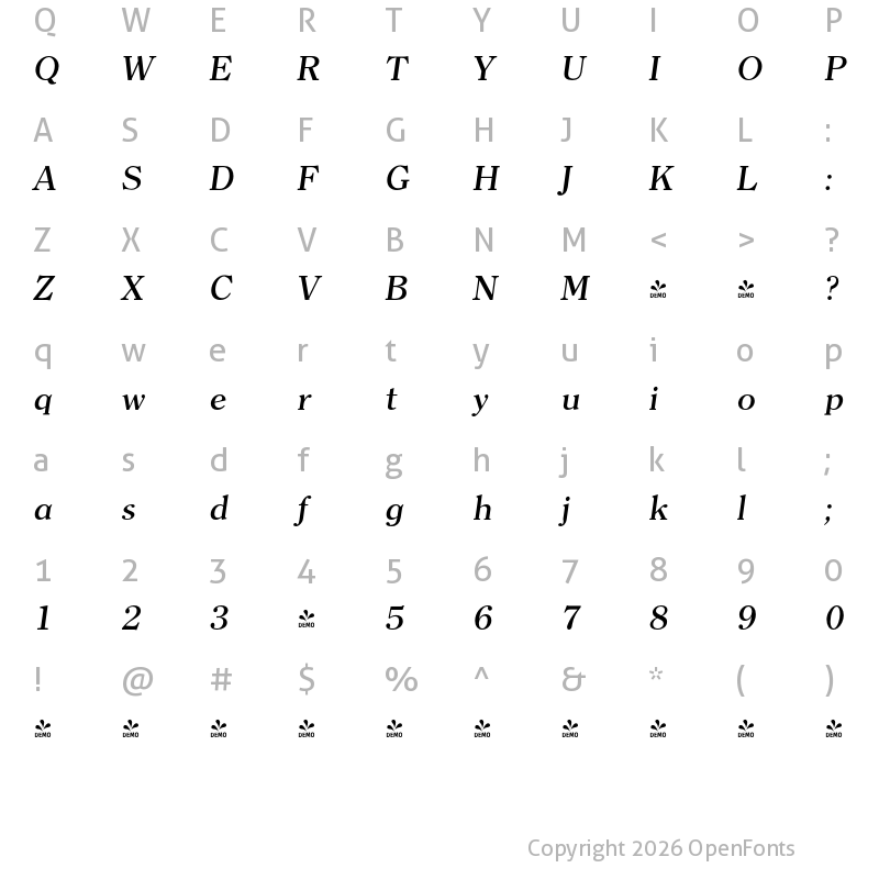 Character Map of FONTSPRING DEMO - Clearface Serial Medium Italic