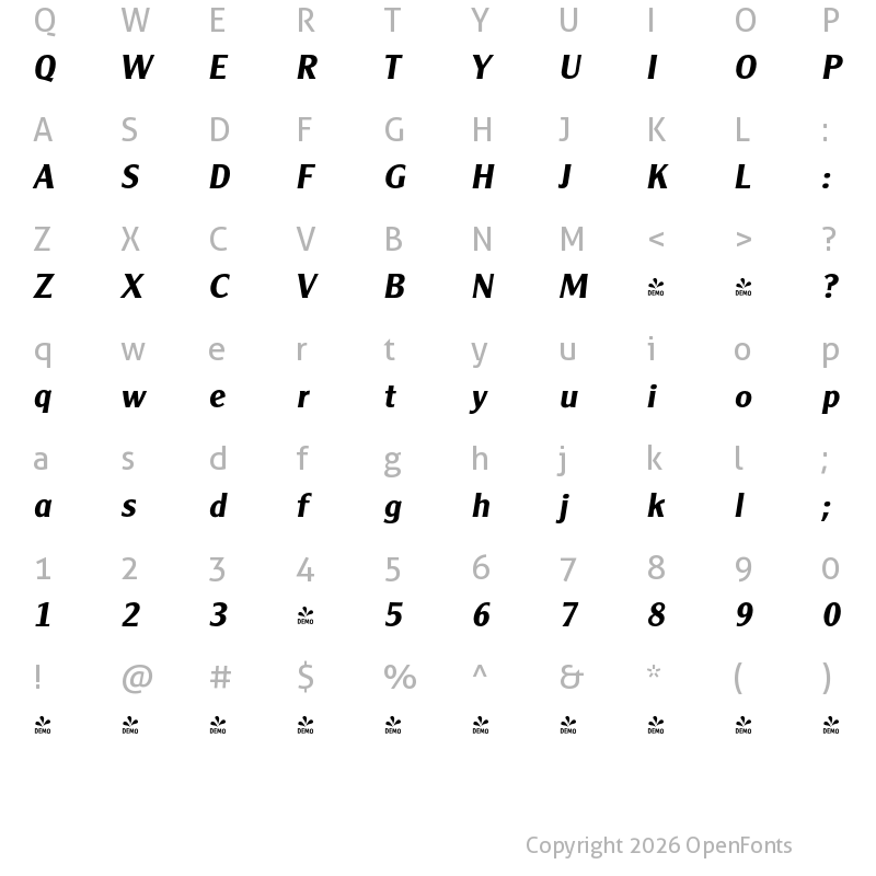 Character Map of FONTSPRING DEMO - ClearGothic Serial Bold Italic
