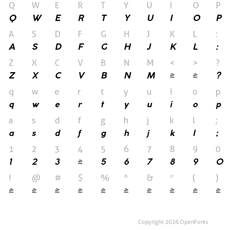 Character Map of FONTSPRING DEMO - Coco Gothic Bold Italic