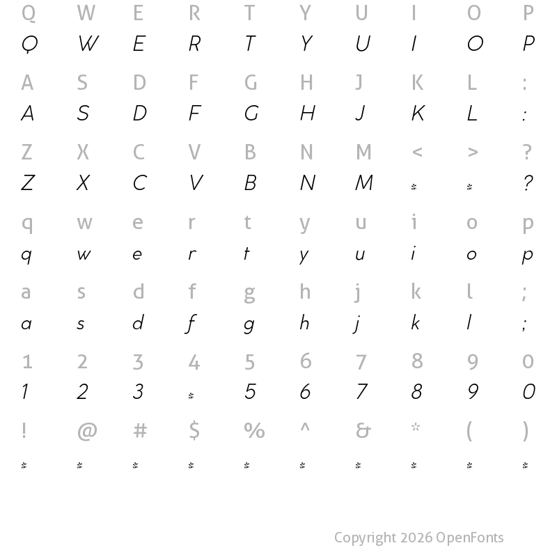 Character Map of FONTSPRING DEMO - Cocogoose Classic Light Italic