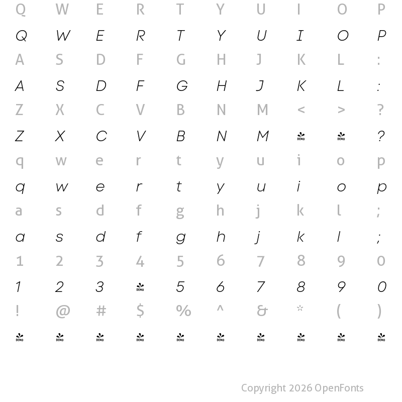 Character Map of FONTSPRING DEMO - Code Next Light Italic