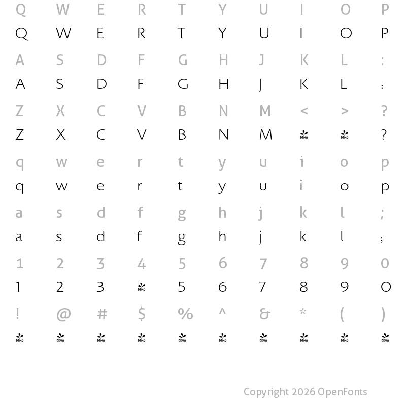 Character Map of FONTSPRING DEMO - Colosseum Light Regular