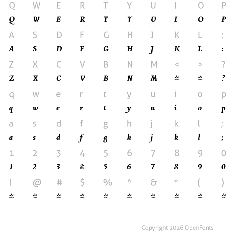 Character Map of FONTSPRING DEMO - Combi Italic Book Bold