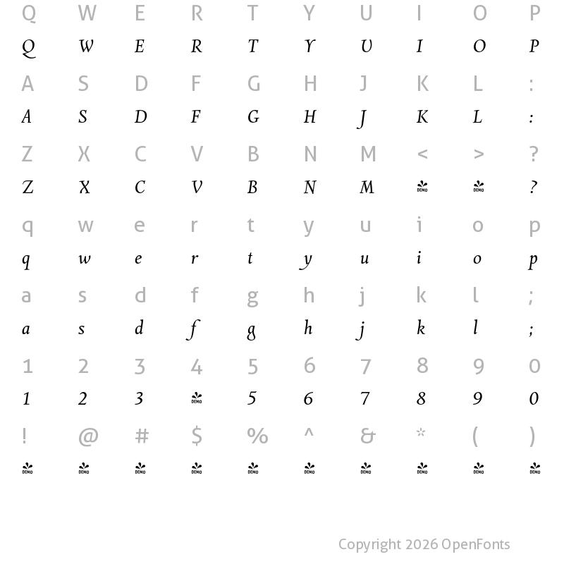 Character Map of FONTSPRING DEMO - Combi Italic Book Regular