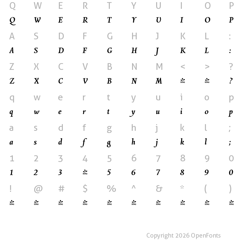 Character Map of FONTSPRING DEMO - Combi Italic Light Bold