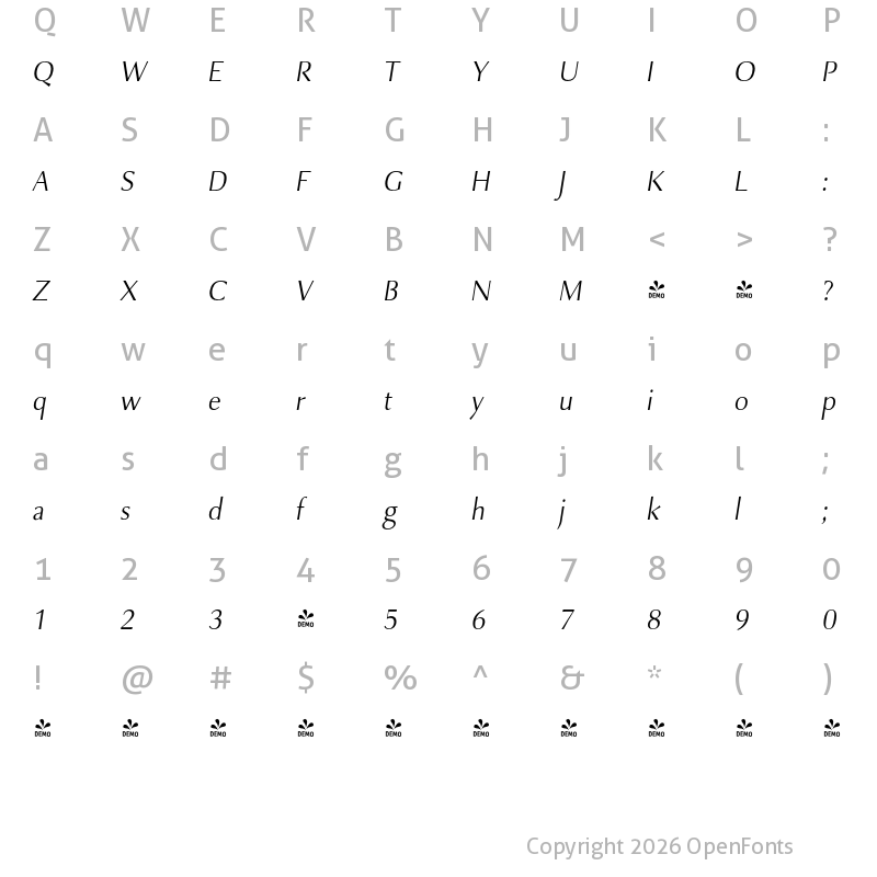 Character Map of FONTSPRING DEMO - Combi Sans Light Italic