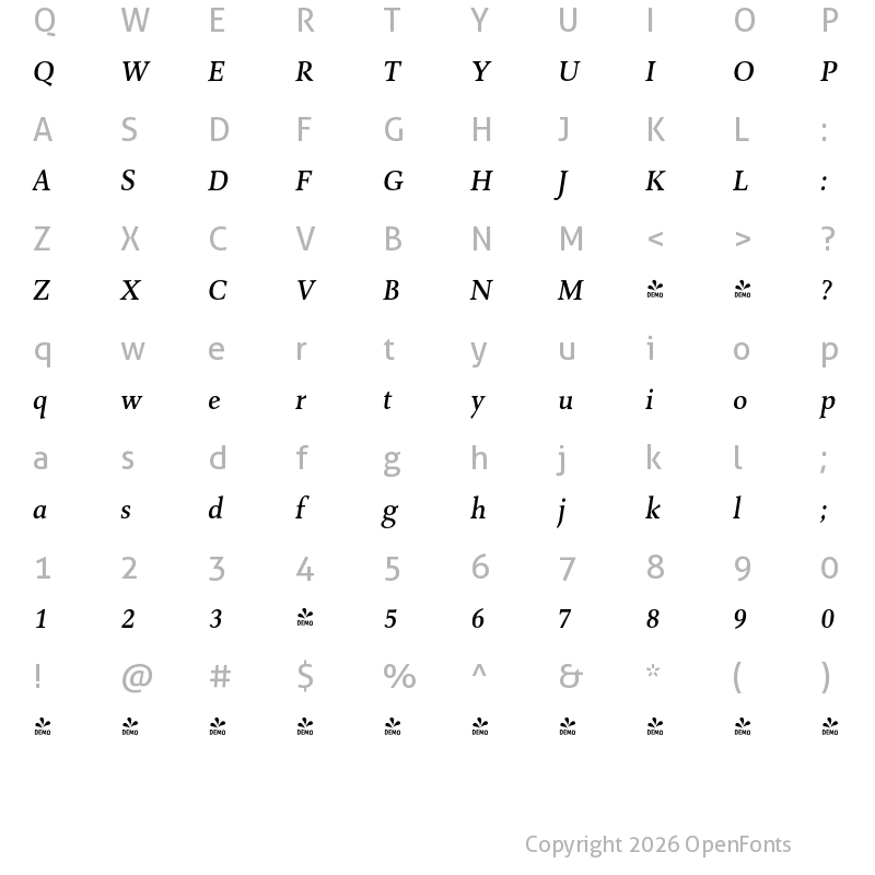 Character Map of FONTSPRING DEMO - Combi Serif Medium Italic