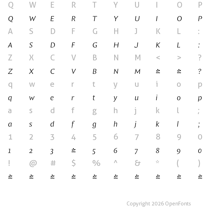 Character Map of FONTSPRING DEMO - Comma Base Light Italic