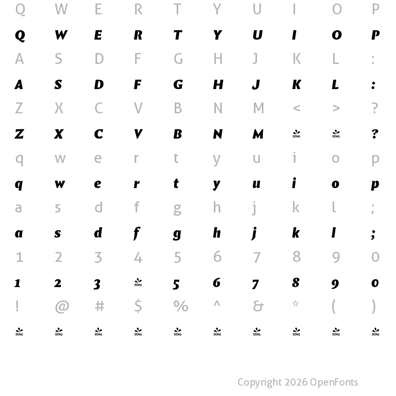 Character Map of FONTSPRING DEMO - Comma Base Ultra Italic