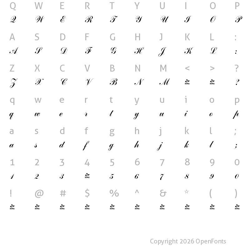 Character Map of FONTSPRING DEMO - Commercial Script FS Regular