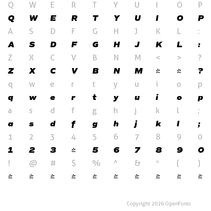 Character Map of FONTSPRING DEMO - Commuters Sans Heavy Italic
