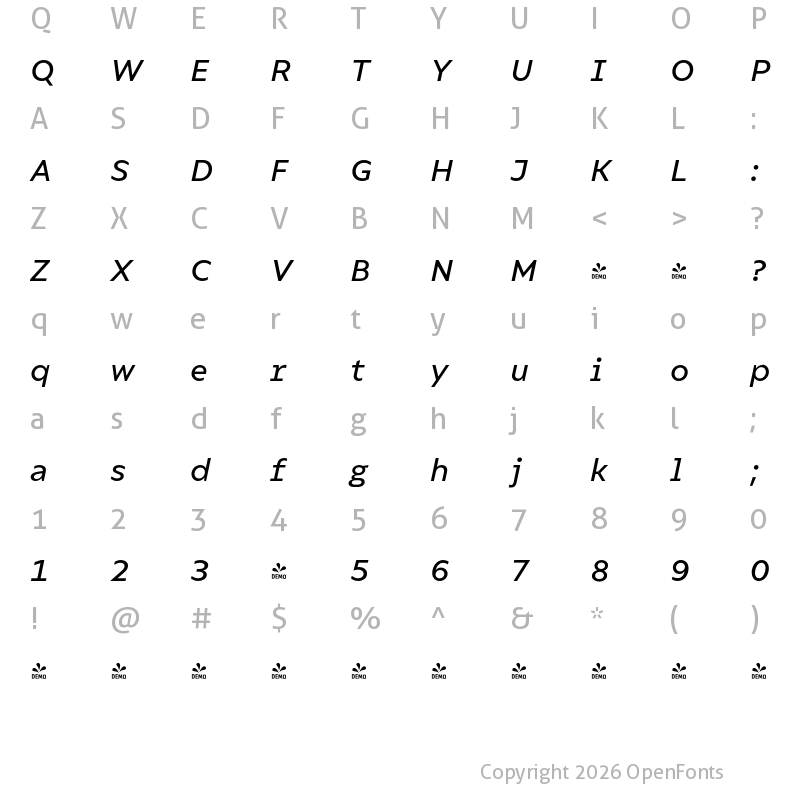 Character Map of FONTSPRING DEMO - Compiler Medium Italic Regular