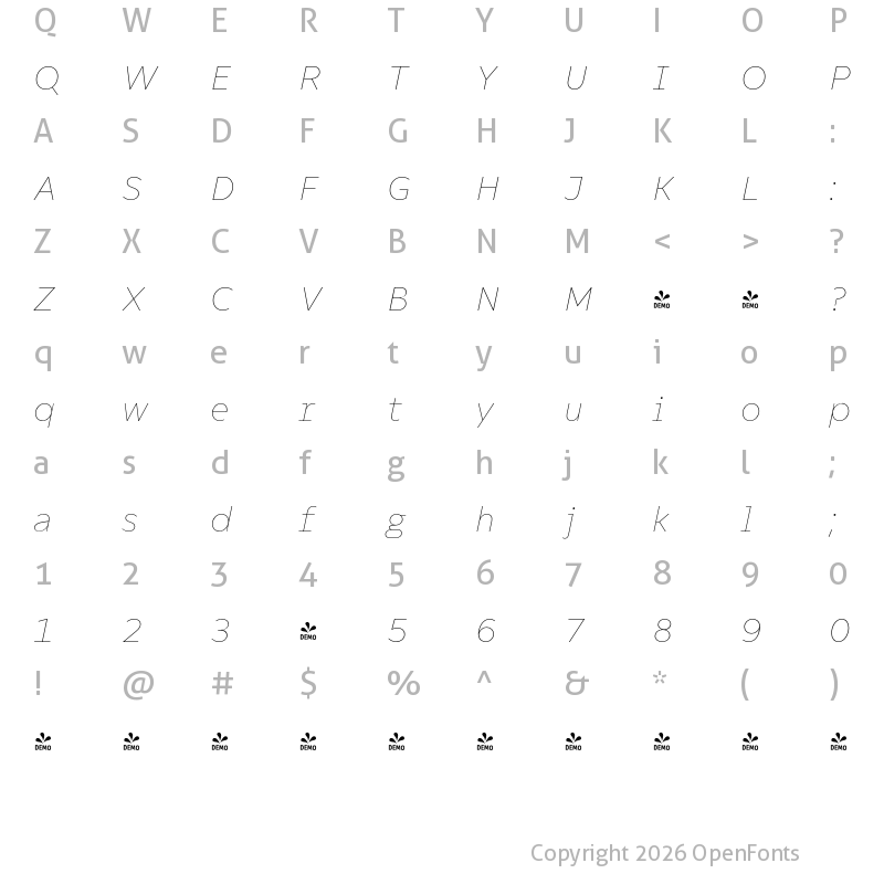 Character Map of FONTSPRING DEMO - Compiler Thin Italic Regular