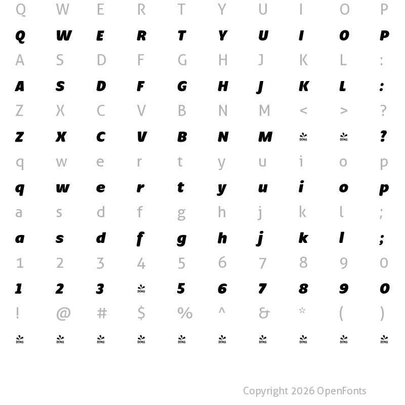 Character Map of FONTSPRING DEMO - Condell Bio Black Italic