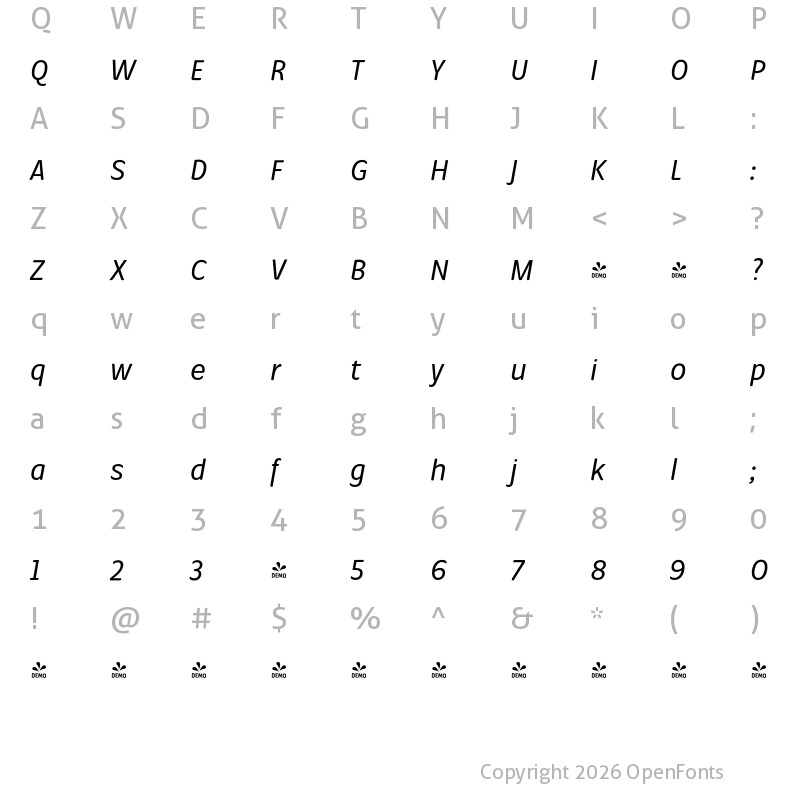 Character Map of FONTSPRING DEMO - Condell Bio Medium Italic