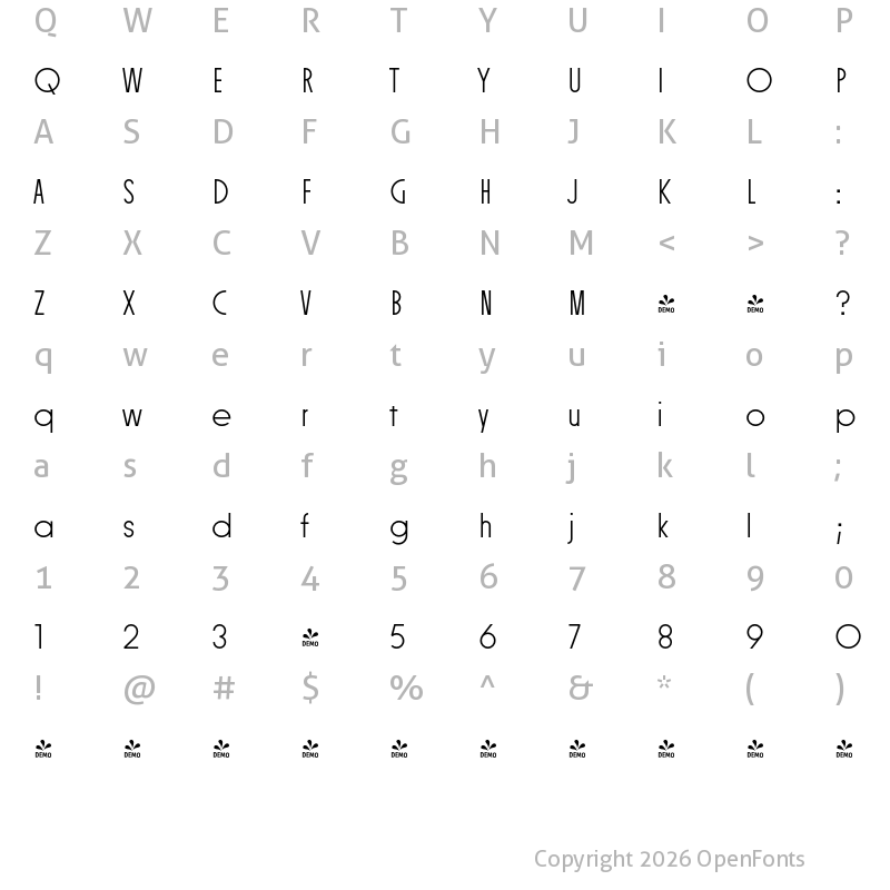 Character Map of FONTSPRING DEMO - Constroke Extra Light Condensed Regular