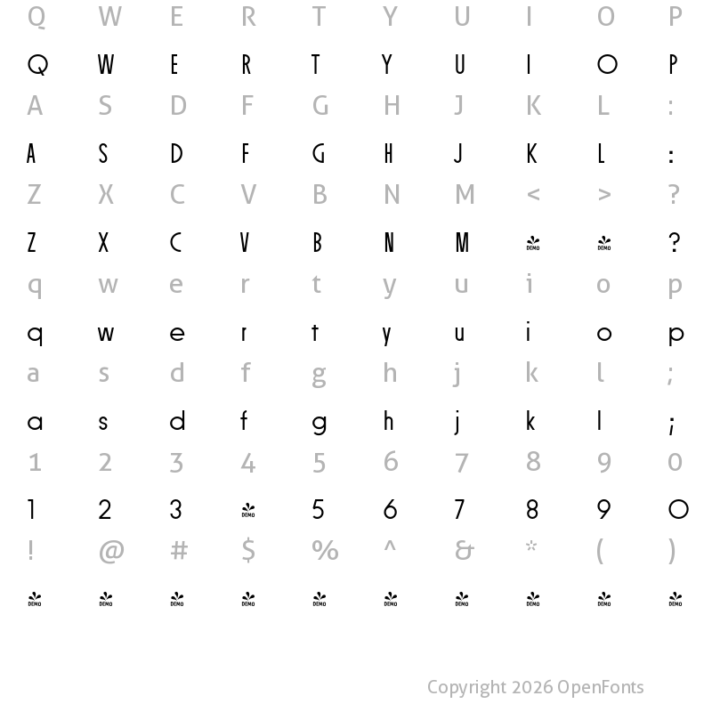 Character Map of FONTSPRING DEMO - Constroke Light Condensed Regular