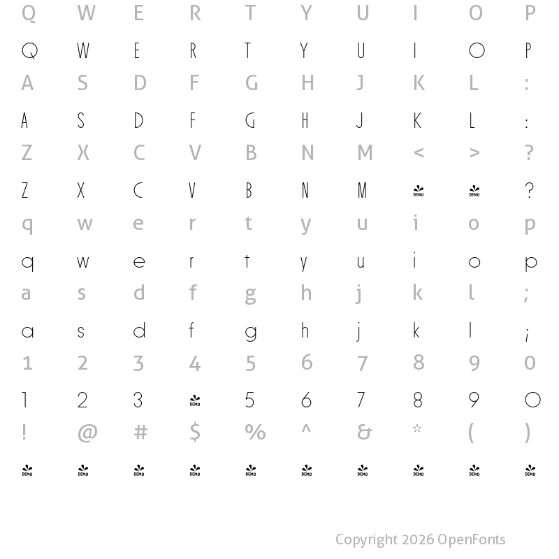 Character Map of FONTSPRING DEMO - Constroke Thin Condensed Regular