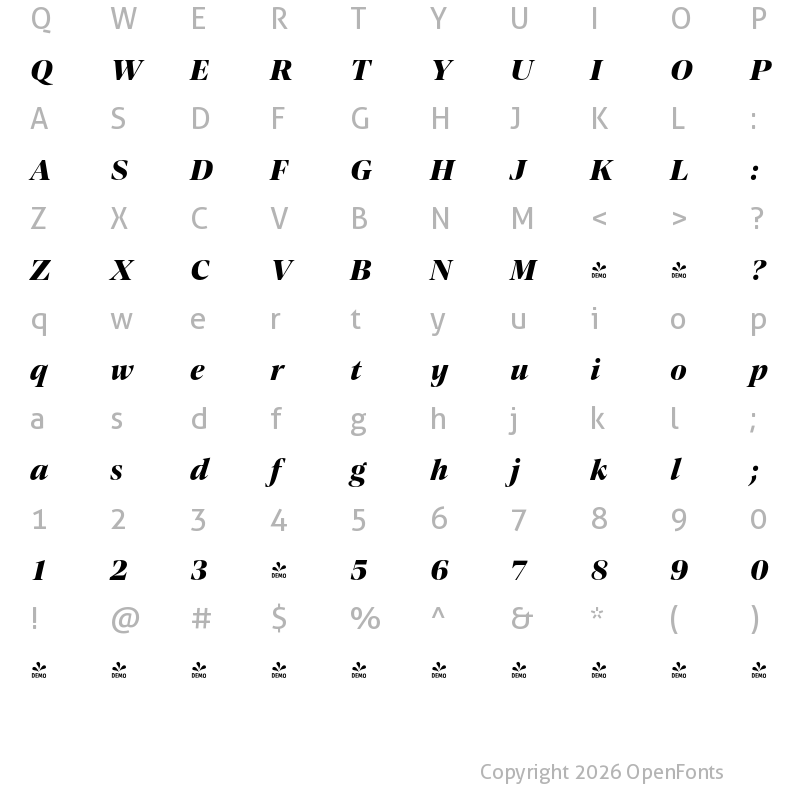 Character Map of FONTSPRING DEMO - Contane Text Extrabold Italic