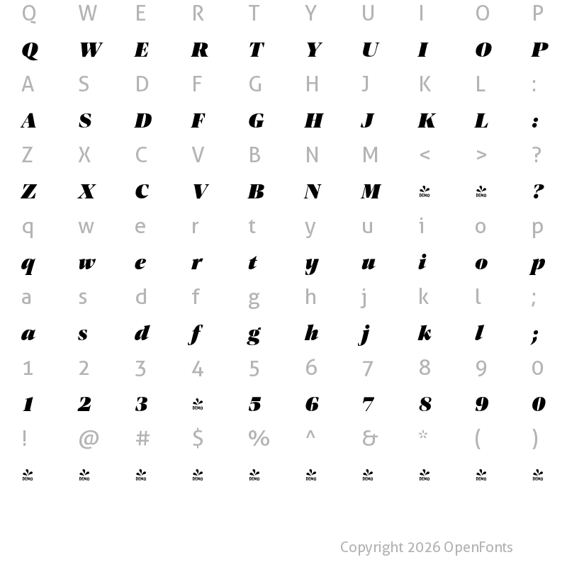 Character Map of FONTSPRING DEMO - Contane Text Heavy Italic
