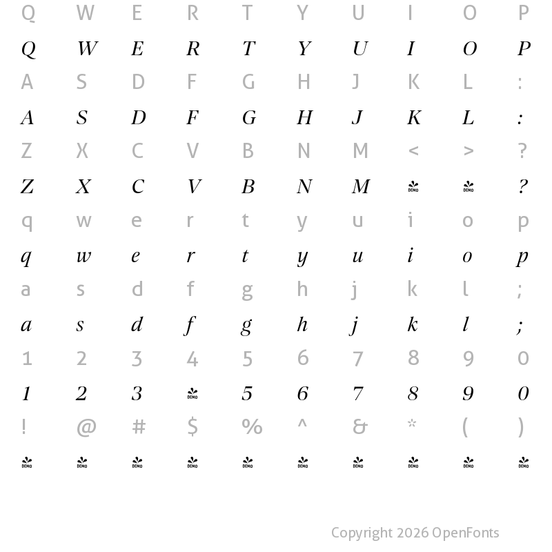 Character Map of FONTSPRING DEMO - Contane Text Italic