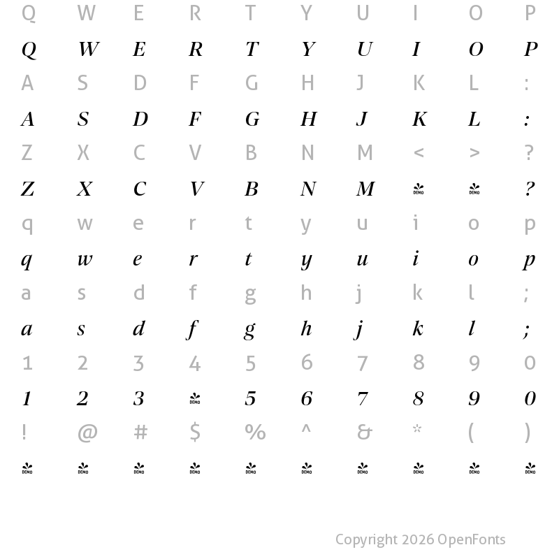 Character Map of FONTSPRING DEMO - Contane Text Medium Italic