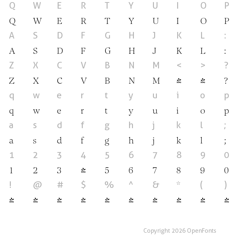 Character Map of FONTSPRING DEMO - Contane Text Thin Regular