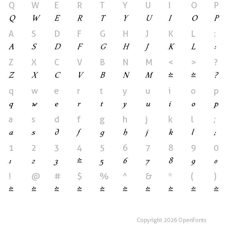 Character Map of FONTSPRING DEMO - Contenu eBook Italic