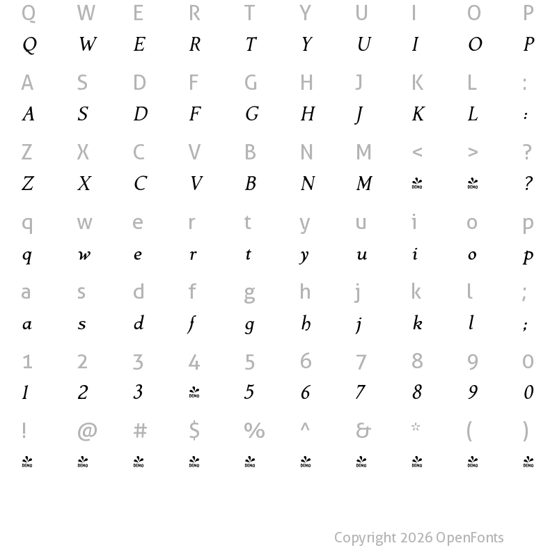 Character Map of FONTSPRING DEMO - Contenu Italic