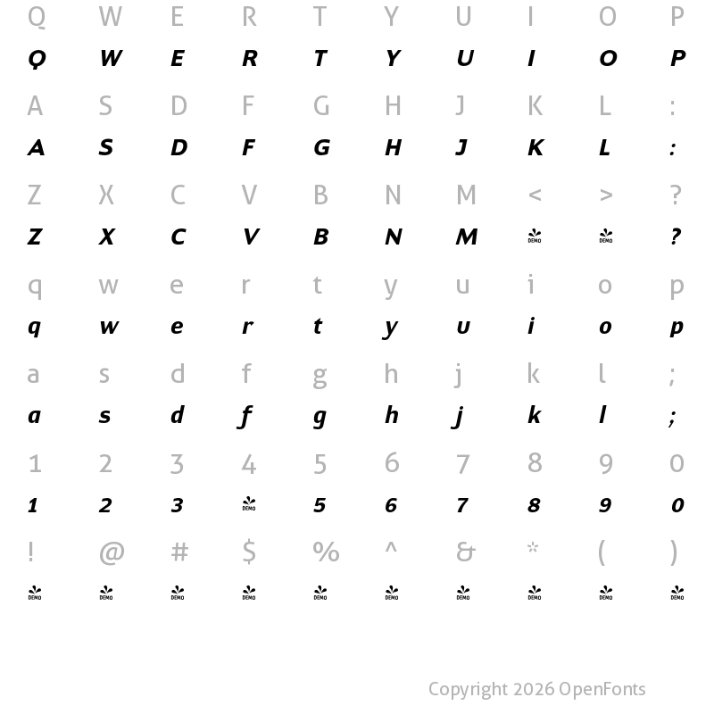 Character Map of FONTSPRING DEMO - ContraSans BoldItalic