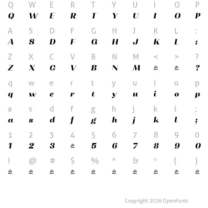 Character Map of FONTSPRING DEMO - Contrast Hv It Italic