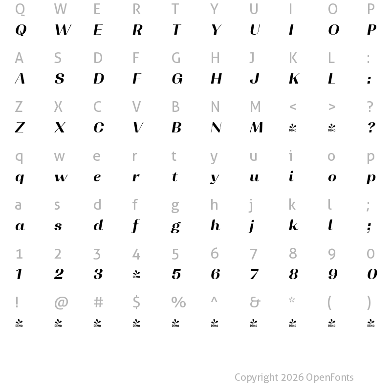 Character Map of FONTSPRING DEMO - Contrast It Bold Italic