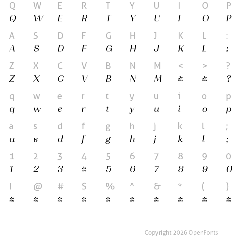 Character Map of FONTSPRING DEMO - Contrast It Italic