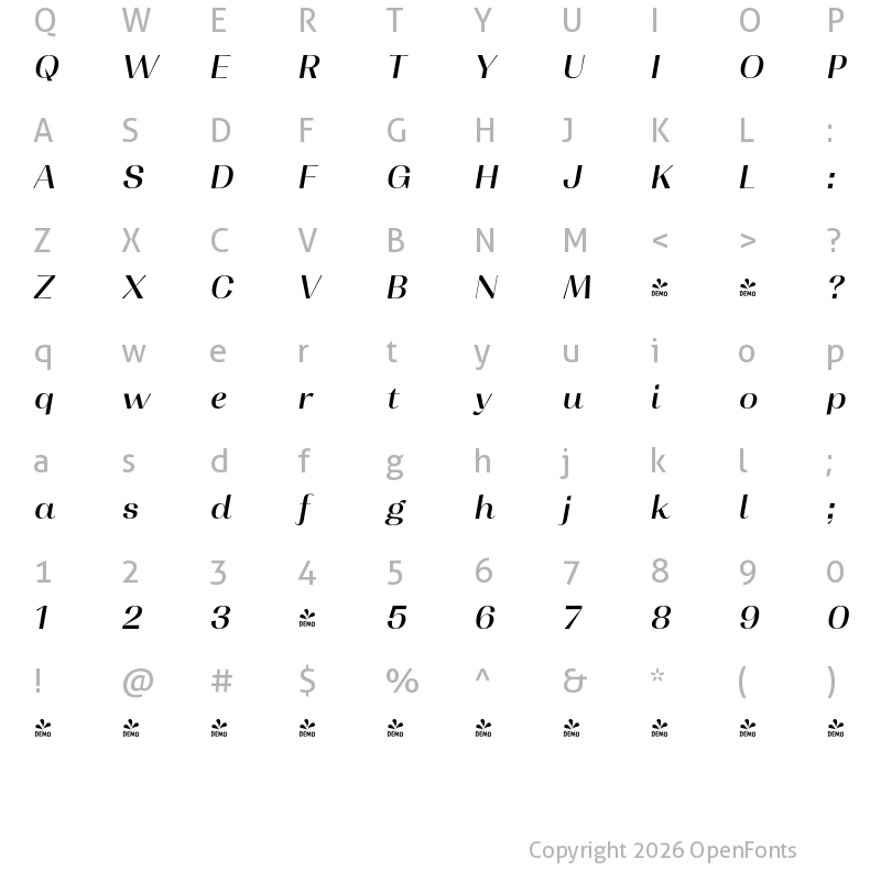 Character Map of FONTSPRING DEMO - Contrast Md It Italic