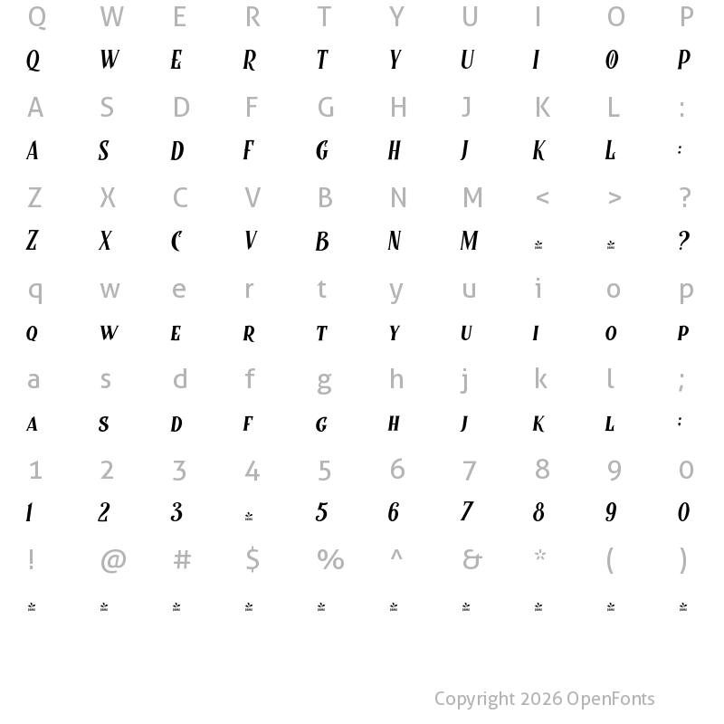 Character Map of FONTSPRING DEMO - Controwell Italic
