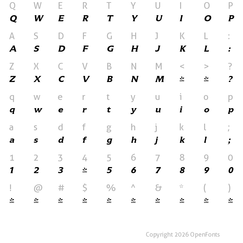 Character Map of FONTSPRING DEMO - ConvexDT Bold Oblique