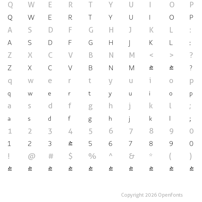 Character Map of FONTSPRING DEMO - Copihue Light Regular