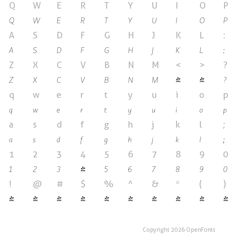 Character Map of FONTSPRING DEMO - Copihue UltraLight Italic