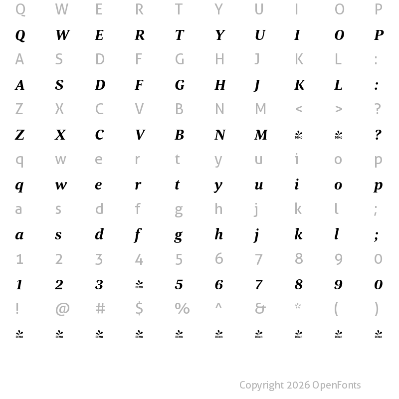 Character Map of FONTSPRING DEMO - Corda-BoldItalic Regular