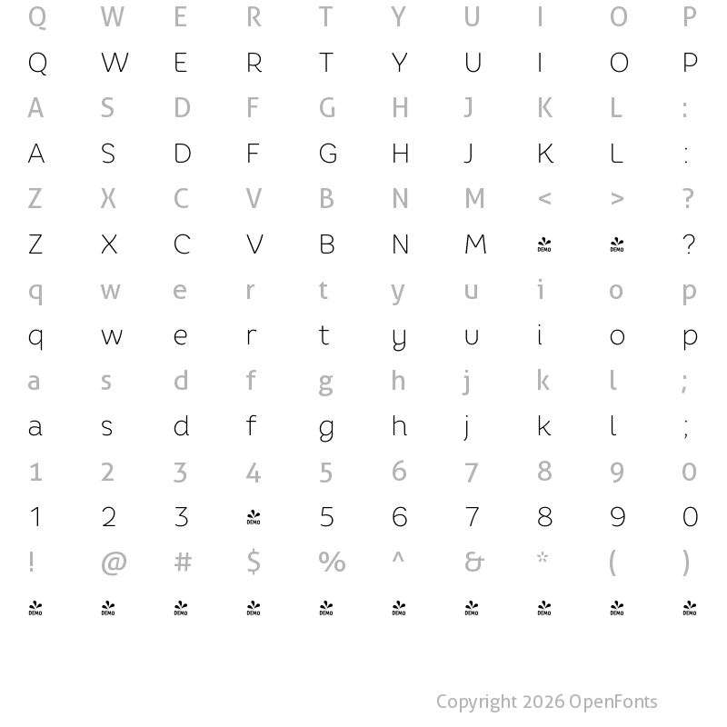 Character Map of FONTSPRING DEMO - Core Rhino 25 Thin Regular