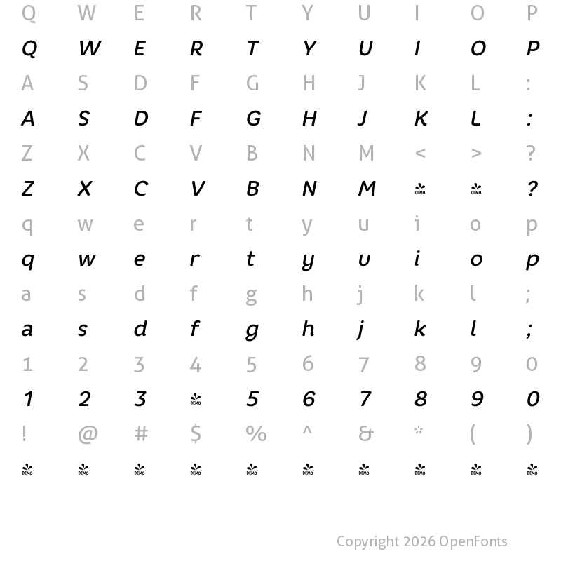 Character Map of FONTSPRING DEMO - Core Rhino 55 Medium Italic