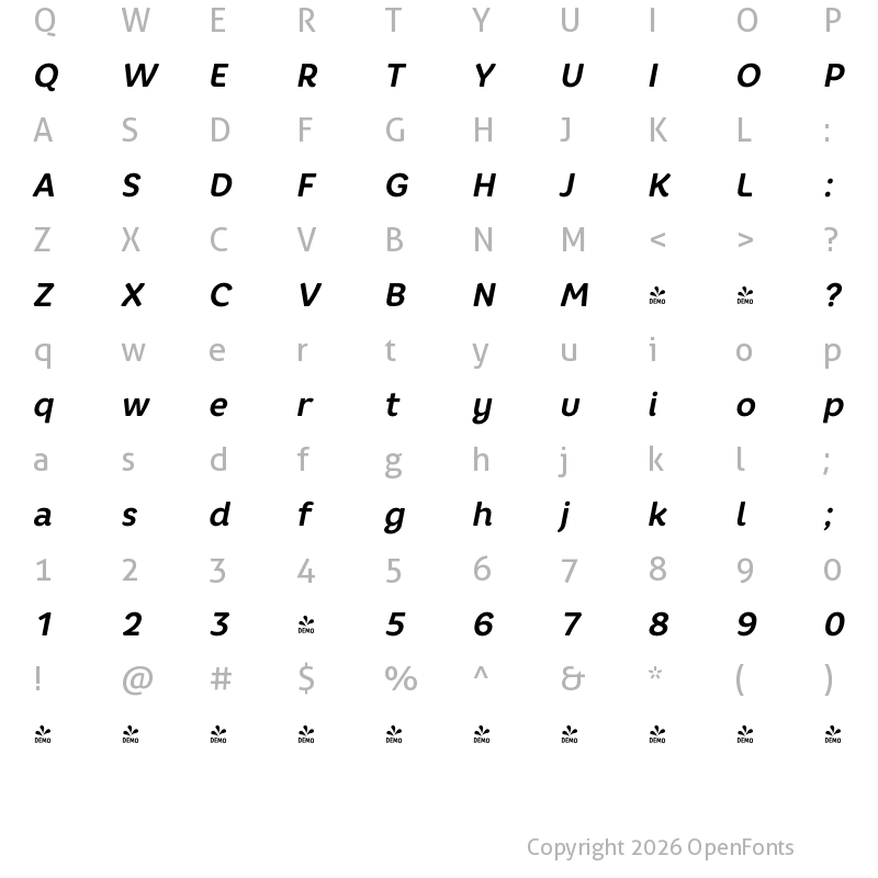 Character Map of FONTSPRING DEMO - Core Rhino 65 Bold Italic