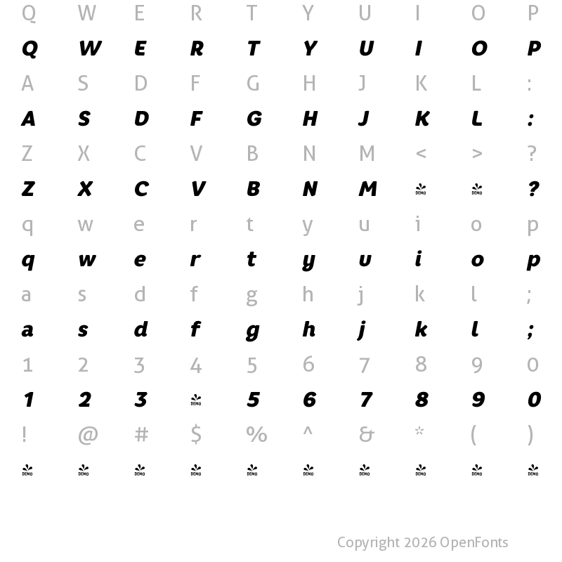 Character Map of FONTSPRING DEMO - Core Rhino 85 Black Italic