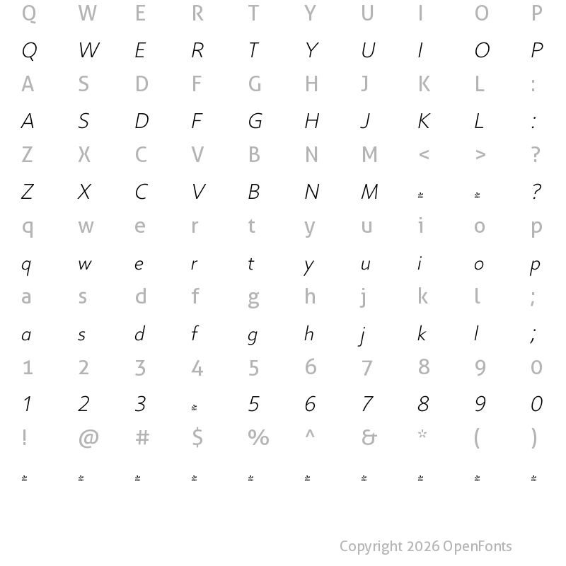 Character Map of FONTSPRING DEMO - Core Sans B 25 Light Italic
