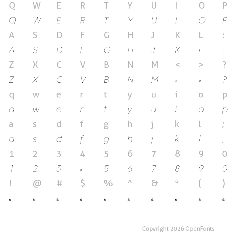 Character Map of FONTSPRING DEMO - Core Sans C 15 Thin Italic