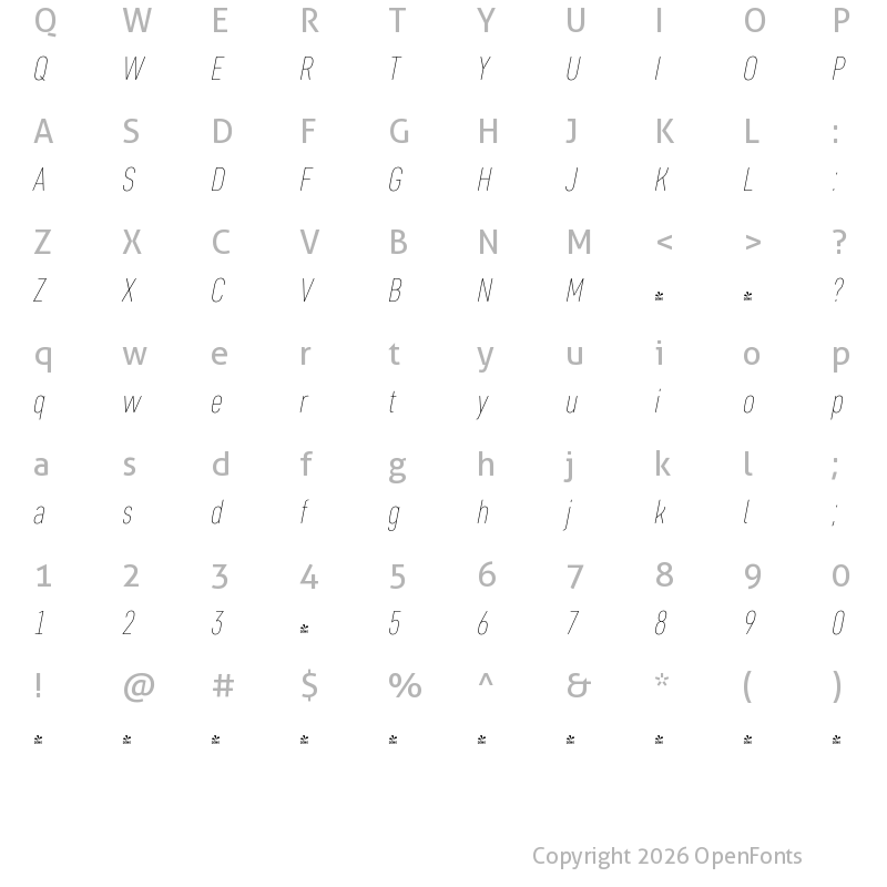 Character Map of FONTSPRING DEMO - Core Sans DS 17 Cn Thin Italic