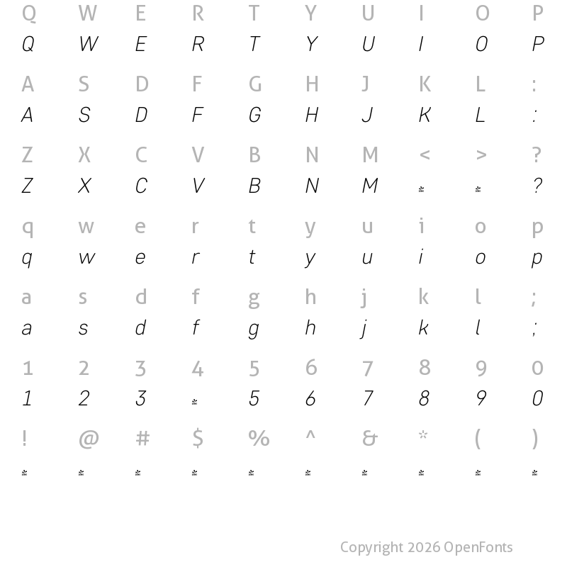 Character Map of FONTSPRING DEMO - Core Sans DS 25 Light Italic